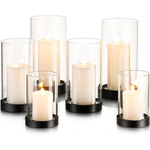 Hewory Hurricane Candle Holder for Pillar Candles: Black Votive Candle Holders Set of 2, Glass Hurricane with Metal Candle Plate, Pillar Candle Holder for Table Centerpiece Wedding Holiday Home Decor