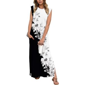 GRECERELLE 2025 Women Summer Casual Round Neck Cap Sleeve Maxi Dress with Pockets Beach Vacation Sundress (Large, Black White Azalea) GRECERELLE 2025 Women Summer Casual Round Neck Cap Sleeve Maxi Dress with Pockets Beach Vacation Sundress (Large, Black White Azalea)