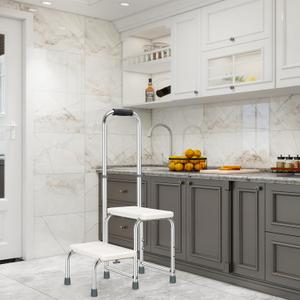 Bed Steps for High Beds for Adults,2 Step Stool with Adjustable Handrail for Fall Prevention Foot Stool Ladder for Bedside, Kitchen, Car, RV, Bathtub (White)