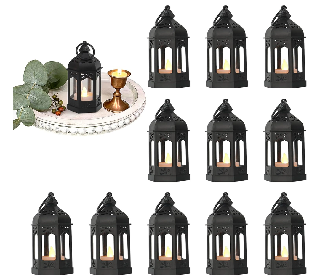 Mini Moroccan Lanterns with Flicker LED Candles Set of 12, Black Vintage Decorative Hanging Lanterns for Ramadan Decorations, Christmas, Halloween, Wedding Decor, Party, Table Centerpiece