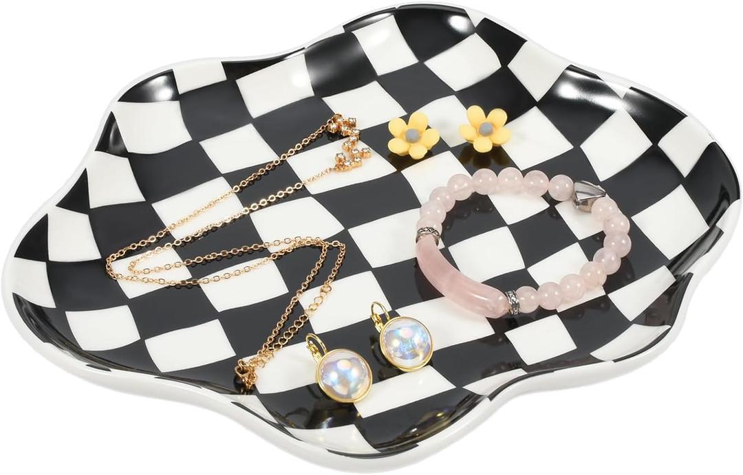 Koythin Jewelry Tray, Ceramic Jewelry Dish Trinket Tray Organizer, Checkered Pattern Aesthetic Decorative for Kitchen, Bathroom (Black and White Checkerboard)