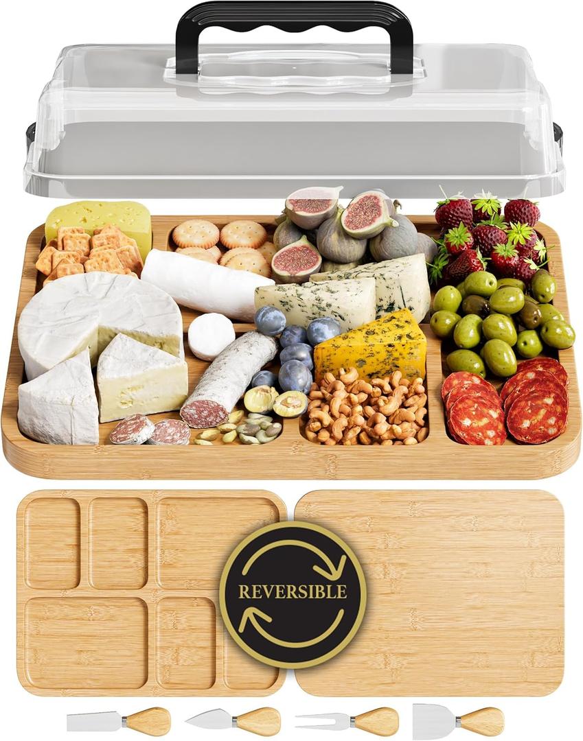 Charcuterie Board with Lid - Reversible, 2-in-1 Travel Portable Cheese Board for Picnics & Entertaining - Housewarming Gift Set Idea - Covered Snack Serving Tray - Large Food Platter (Natural Bamboo Wood)