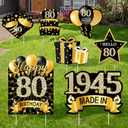 7Pcs Black Gold 80th Birthday Yard Sign Decorations for Men and Women,Happy 80th Birthday Made in 1945 Lawn Sign Party Supplies,Eighty Year Old Birthday Yard Decor with Stakes