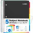 SUNEE 5 Subject Notebook College Ruled - 400 Pages, 9"x11", 5 Pocket Colored Dividers, 3-Hole Punched Paper, Black