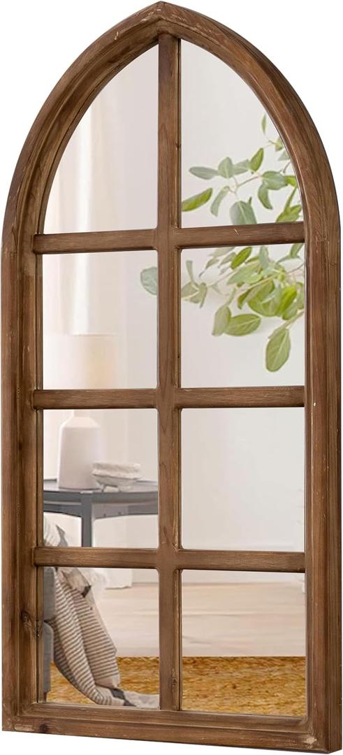 Farmhouse Cathedral Window Pane Mirror Wall Decor 18 X 36 Inch, Hanging Distressed Wood Arched Window Mirror, Decorative Wall Mirrors for Living Room Bedroom Entryway
