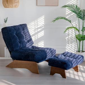 MAXYOYO Accent Chair with Ottoman Adjustable Backrest, Tufted Living Room Chair Upholstered Lounge Chair with Footrest Set, Modern Chair Cozy Reclining Chair for Reading Room, Navy, Large