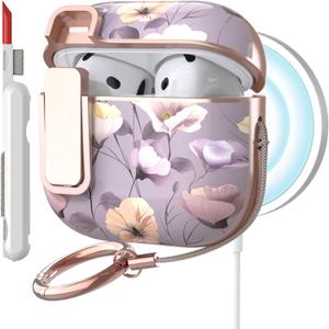 TATOFY Cover for AirPods Pro 4th Generation Case with Lock Clip Cleaner Kit Slim Hard AirPod 4 Lock Case Compatible with MagSafe (Gray Purple)