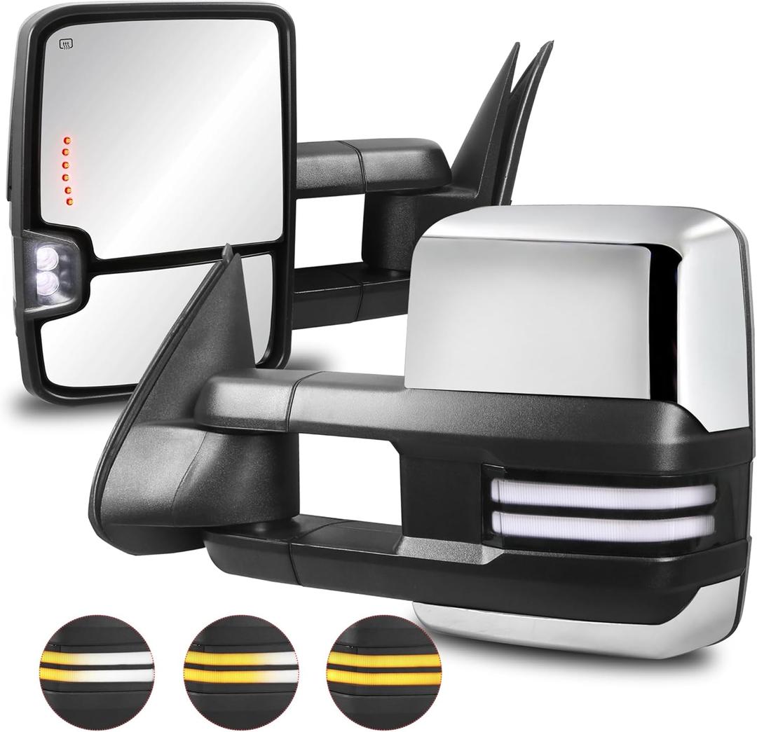 Chrome Pair Towing Mirrors Power Heated w/White Running Light Sequential Turn light Clearance Lamp Compatible for 99-02 Chevy Silverado Suburban Tahoe GMC Serria Yukon