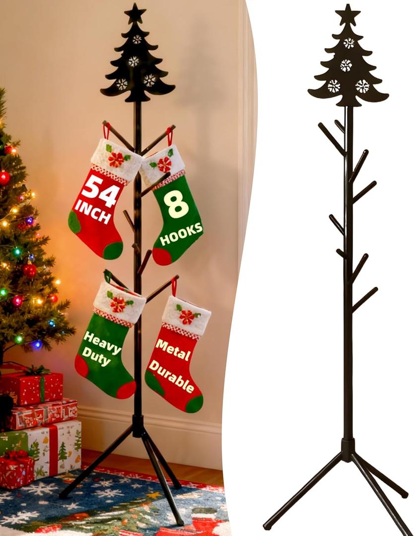 QCF Christmas Stocking Holder Stand & 8 Hooks, 54 Inch Metal Coat Rack & Christmas Tree Decorations, Freestanding Clothes Tree with Antiskid Triangular Base, Gifts Hallstand for Indoor and Outdoor