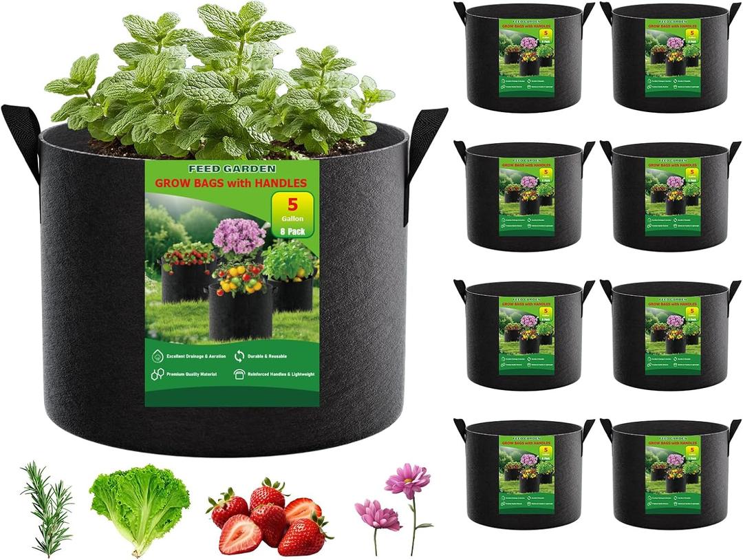 FEED GARDEN 5 Gallon Grow Bags 8 Pack 300G Thickened Fabric Plant Pots with Reinforced Handles, Breathable Drainage Planters for Vegetables, Flowers & Herbs Indoor Outdoor