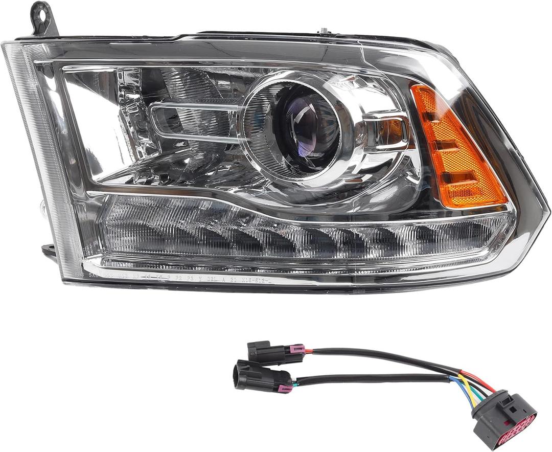 Dasbecan OE Projector Halogen Headlights w/LED Signal DRL Compatible With Dodge Ram 1500 2500 3500 2013-2018 Left Driver Side Headlamp assembly Chrome Trim w/Bulbs Replaces#68324941AD CH2502290