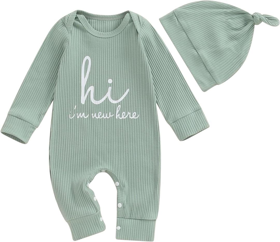 MERSARIPHY Newborn Baby Boy Girl Clothes Hi I'm New Here Coming Home From Hospital Outfits Gender Neutral One Piece Romper (0-3 Months, Green)