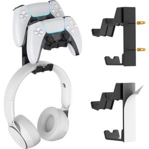 KDD Dual Controller & Headphone Holder Stand Wall Mount - Gaming Headset Hanger with Adhesive or Screws Install for Xbox Series X/S, PS5/4/3, Switch, STEAM, Universal PC Gamepad Accessories