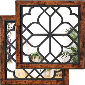 Wall Mirror Square Wooden Decorative Mirrors for Wall Farmhouse Living Room Hallway Entryway, 2 Pcs, 12inch x 12inch (Small, Brown)