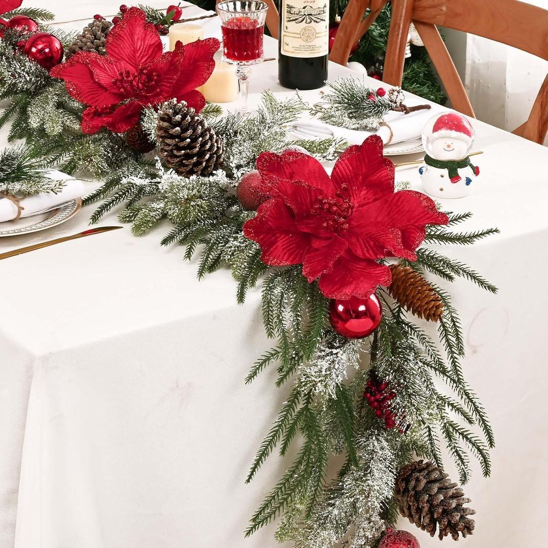 Christmas Garland Decorations, 5.9 FT Real Touch Pine Garland with Red Poinsettias, Flocked Christmas Garland with Red Berries Balls Pinecones for Mantle Front Door Fireplace Table Decor