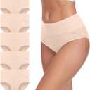 coskefy Women's High Waisted Cotton Underwear Soft Breathable Panties Stretch Briefs Ladies Panties 5 Pack (Medium, Beige)