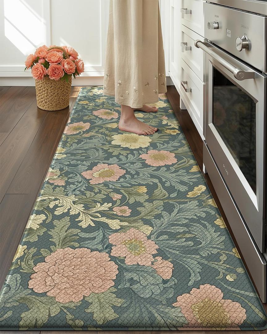 Color&Geometry Floral Kitchen Mat 24"x87", Anti Fatigue Kitchen Mats for Floor, Kitchen Rugs Non Slip, Waterproof & Oil Proof Padded Runner for Standing Desk Office, Sink - Dusty Blue, 87"l X 24"w X 0.4"th