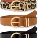 VONMELLI 3 Pack Women's Leather Belts for Jeans Dresses Ladies Waist Belt with Fashion Gold Buckle (XL: Fit Waist Size 43-46 Inches, D-black+brown+leopard)