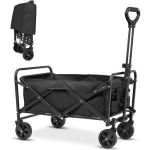 Collapsible Folding Beach Wagon,Utility Grocery Wagons Carts Foldable with Wheels for Sand Camping Sports Shopping Outdoor. (Black)