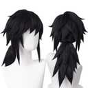 Wiggy Mermaid Giyuu Cosplay Wig with Pigtails for DS Costume Short Black Anime Wigs for Adults with Cap for Halloween Party