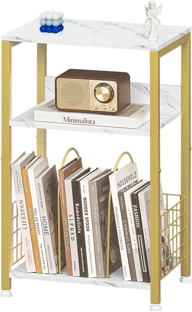 LELELINKY Side Table,White Marble Night Stand with Golden Metal Frame,3 Tier Industrial Wooden Record Player Stand with Vinyl Storage Shelf ,End Tables for Living Room Bedroom Small Spaces (Medium)