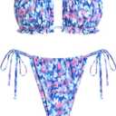 ZAFUL Women 2 Piece Strapless Bikini Swimsuits Ruffle Ribbed Self Tie Bandeau Bikini Set High Cut String Bathing Suits (2-Purple Floral, L)