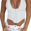REORIA Women's Summer Sexy Halter V Neck Sleeveless Backless Trendy Y2k Going Out Corset Tank Crop Tops (Medium, White)