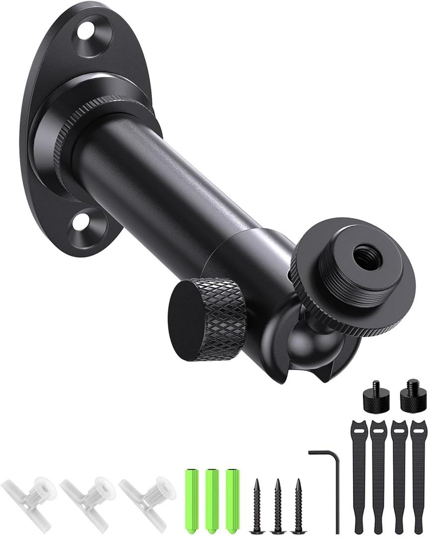 Mic Wall Mount Bracket with Ball Head - 180 & 360 Swivel, 5/8"-27 Microphone Flange Mount with 1/4" and 3/8" Screw Adapters, Easy Mounting of Mics, Web Cameras, Lights for Studio & Home Office