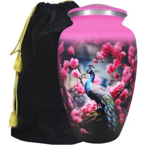 M MEILINXU Urn for Ashes for Women & Male, Cremation Urns for Human Ashes Adult Female & Man, Funeral Memorial Urn with Peacock Design, Decorative or Burial Urns, Pink Flowers - Large Size