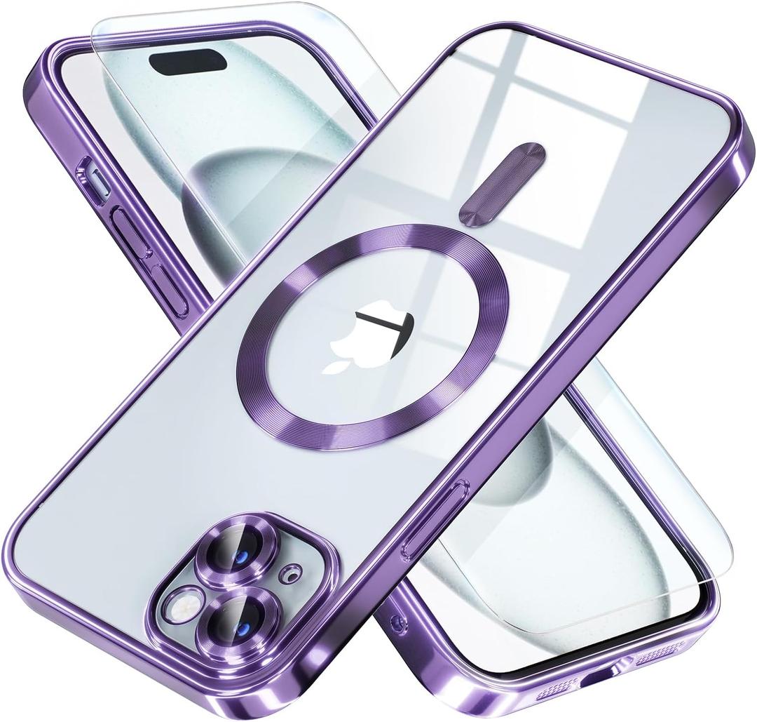Misea Magnetic for iPhone 15 Plus Case Compatible with MagSafe [Never Yellowing] [Military Grade Drop Protection] Full Camera Lens Protector Plating Soft Clear Phone Case for Women, Purple