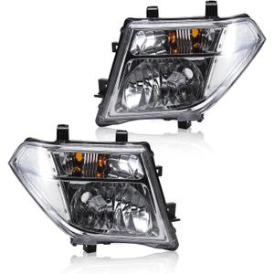 Headlight Assembly Compatible with 2005-2008 Nissan Frontier / 2005-2007 Pathfinder, Halogen Headlamp w/o Bulb Replace# 26060EA525 26010EA525, Chrome Housing Clear Lens White Corner