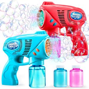 JOYIN 2 Bubble Guns with 2 Refill Solution (10 oz Total), Bubbles Maker, Blower, Machine Gun Blaster for Kids, Toddlers, Outdoors Activity, Party, Birthday Gift, Easter Toys (Blue+Red)