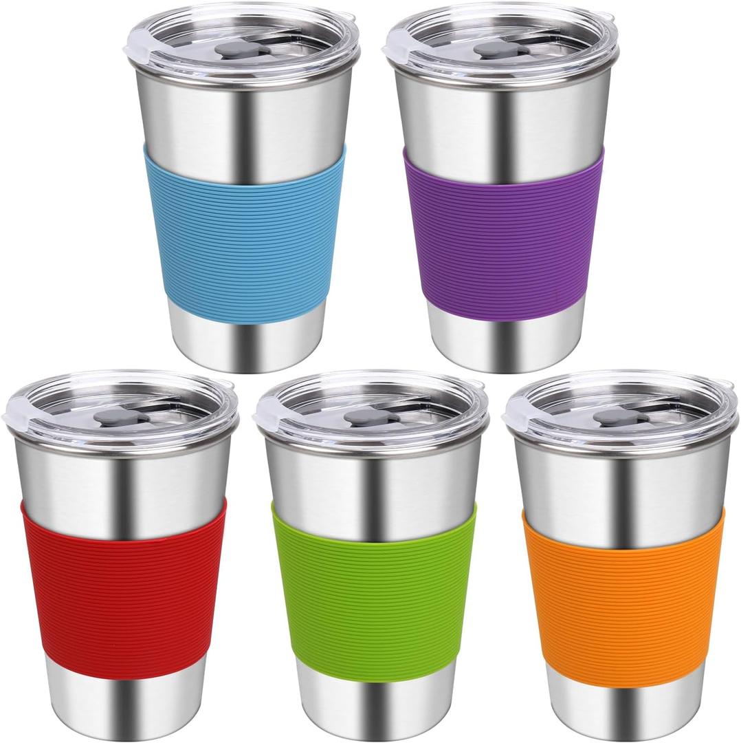 Stainless Steel Cups for Kids, 16oz Reusable Drinking Cups Spill Proof Water Tumbler for Kids and Adults, Dishwasher Safe, 5 Pack (No Straws - Blue/Red/Orange/Green/Purple)