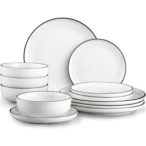 Plates and Bowls Sets for 4,12 Pieces Ceramic Dish set, White Dinnerware Set for Kitchen, Modern Design Plate Sets with Black Rim, Microwave and Dishwasher Safe