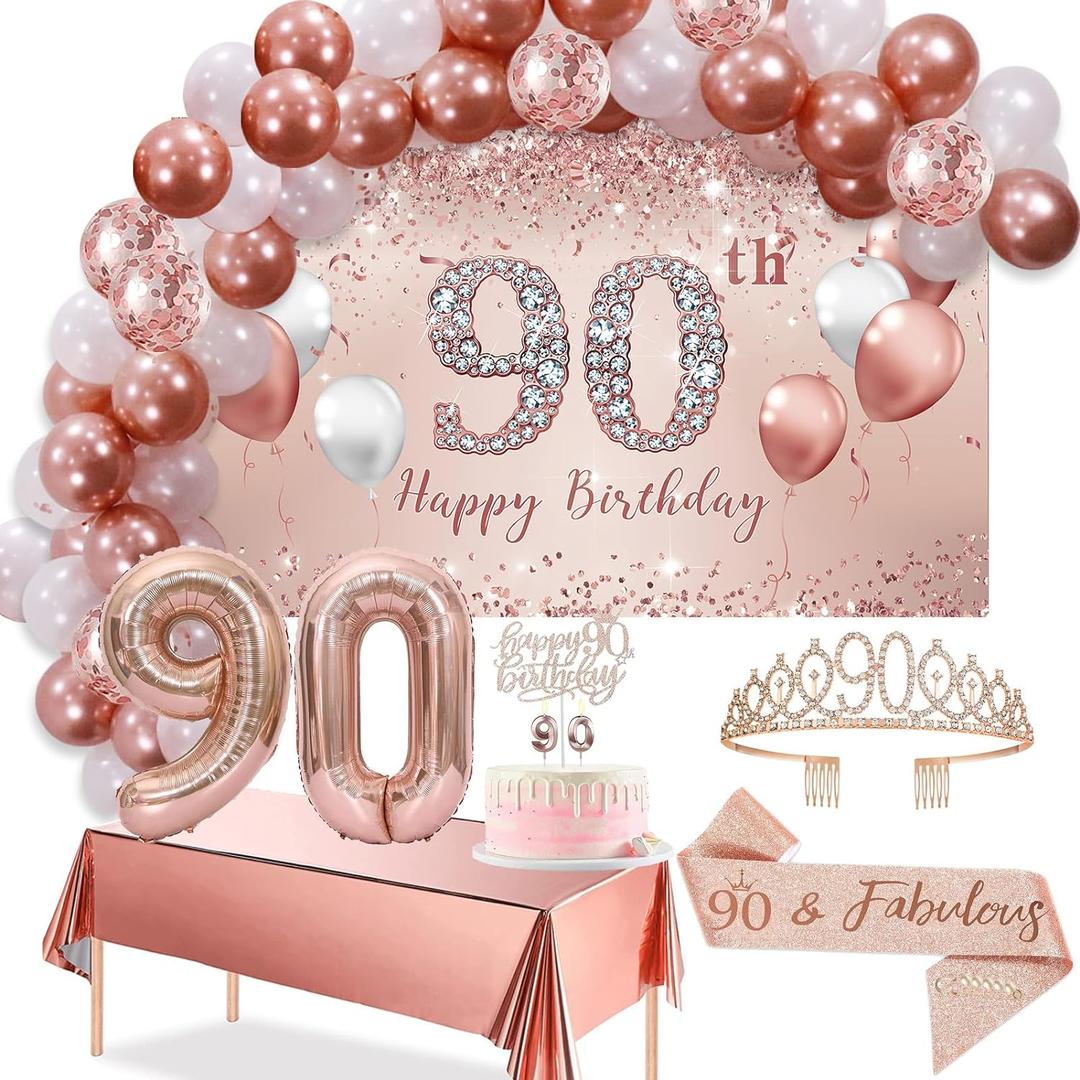 Trgowaul 90th Birthday Decorations Balloon Set Women's Arch, Rose Gold 90th Birthday Banner and Party Tablecloth, Belt and Tiara, Pink Gold 90th Balloon, Pink Birthday Cake Top, Latex Balloon * 60