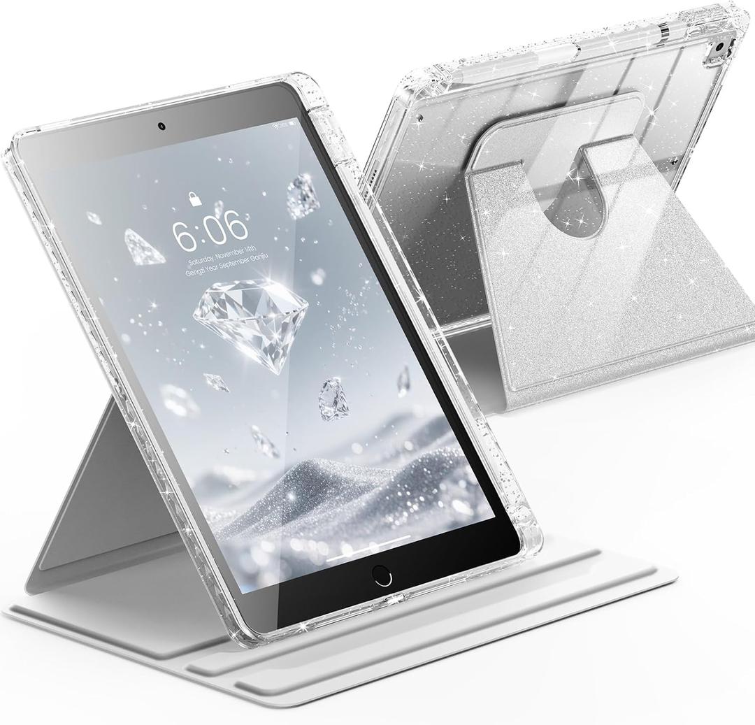 INFILAND Rotating Case for iPad 9th Generation (2021) / 8th Generation (2020) / 7th Generation (2019) 10.2 Inch 360 Rotating Cute Glitter Cover with Crystal Clear Back, Pencil Holder (Silver)