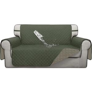 ISSUNTEX Double Protection 100% Waterproof Loveseat Sofa Covers for Living Room, Couch Covers for 2 Cushion Couch, Reversible Furniture Protector Sofa Cover for Dogs (Loveseat, Greyish Green/Beige)