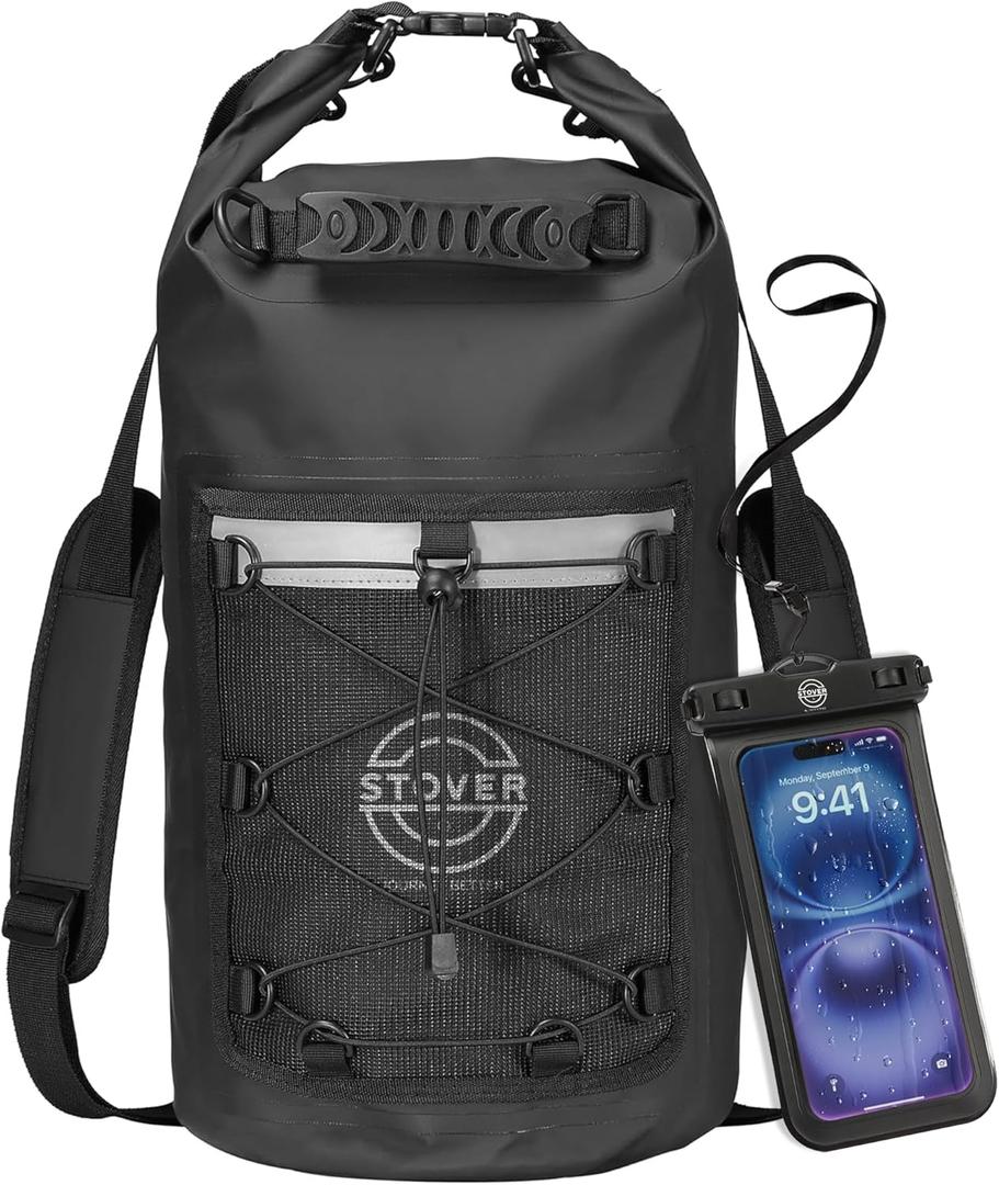 STOVER 5/10/25/30/40/55L Waterproof Backpack- Floating Dry Bag for Kayaking, Travel, Beach, Hiking, & Camping, Men/Women (25l Black (With Phone Case)) STOVER 5/10/25/30/40/55L Waterproof Backpack- Floating Dry Bag for Kayaking, Travel, Beach, Hiking, & Camping, Men/Women (25l Black (With Phone Case))