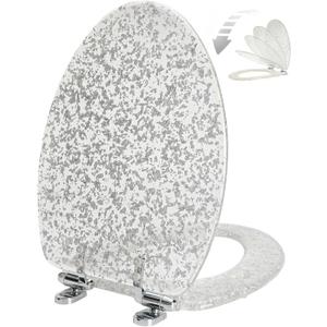 Elongated Resin Toilet Seat Glitter Silver, Slow Quiet-Close Lid and Seat, Heavy Duty Toilet Seats for Standard Toilet, Easy Installation & Cleaning (19Inch, Silver Foil, Upgraded hinges)