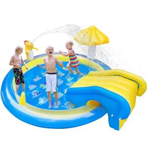 Dinosaur Inflatable Play Center, Kids Round Wading Swimming Pool with Slide, Dinosaur Sprinkle, Mushroom Shade for Kids Children Summer Outdoor Splish Splash, Garden Backyard Water Park, 87"x75"x31.5"
