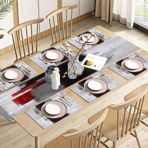 Emvency Abstract Table Runner and Placemats Set of 6, Modern Red Black Grey White Painting Art Dining Decor for Daily Use(1 Table Runner 72 inches Long and 6 Placemats)