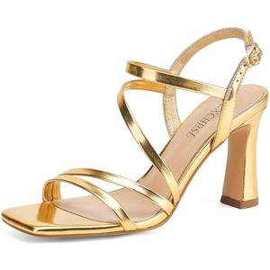 SLXCHBSL Strappy Heels for Women 3 Inch Chunky Block High Heels Square Open Toe Ankle Strap Dress Sandals for Wedding Prom Party Bridesmaid Size 9