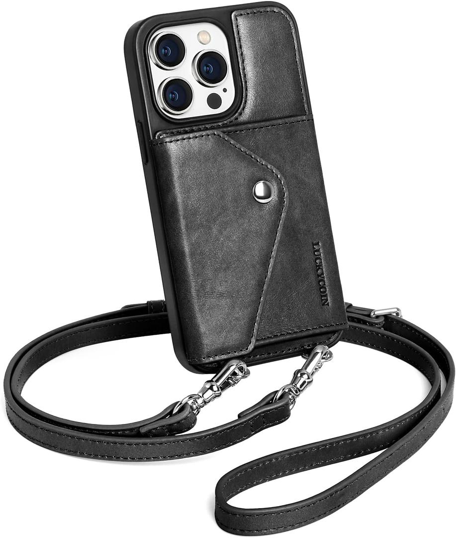 LUCKYCOIN for iPhone 14 Pro, Crossbody Wallet Phone Case with Expandable Card Holder, Premium Full Grain Leather Phone Purse with Adjustable Strap, Hands-Free Wallet Cover for Woman - Retro Black