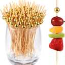 200 Pcs Cocktail Picks, Gold Plastic Ball Decor Skewer for Appetizers, Fruit, Kebabs, Mini Burger, Bamboo Skewers for Drinks, Handheld Toothpicks, Food Sticks Natural, Kitchen Gadget (4.7 inch 200 Pcs)