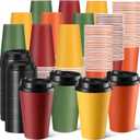 Teenyyou 200 Pack 12 oz Fall Disposable Coffee Cups with Lids Bulk Autumn Paper Orange Color Drinking Thanksgiving Party Insulated Cups for Hot Cold Drinks Travel Party Supplies