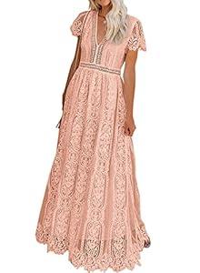 Bdcoco Women's V Neck Floral Lace Wedding Dress Short Sleeve Bridesmaid Evening Party Maxi Dress Pink Peach Size S