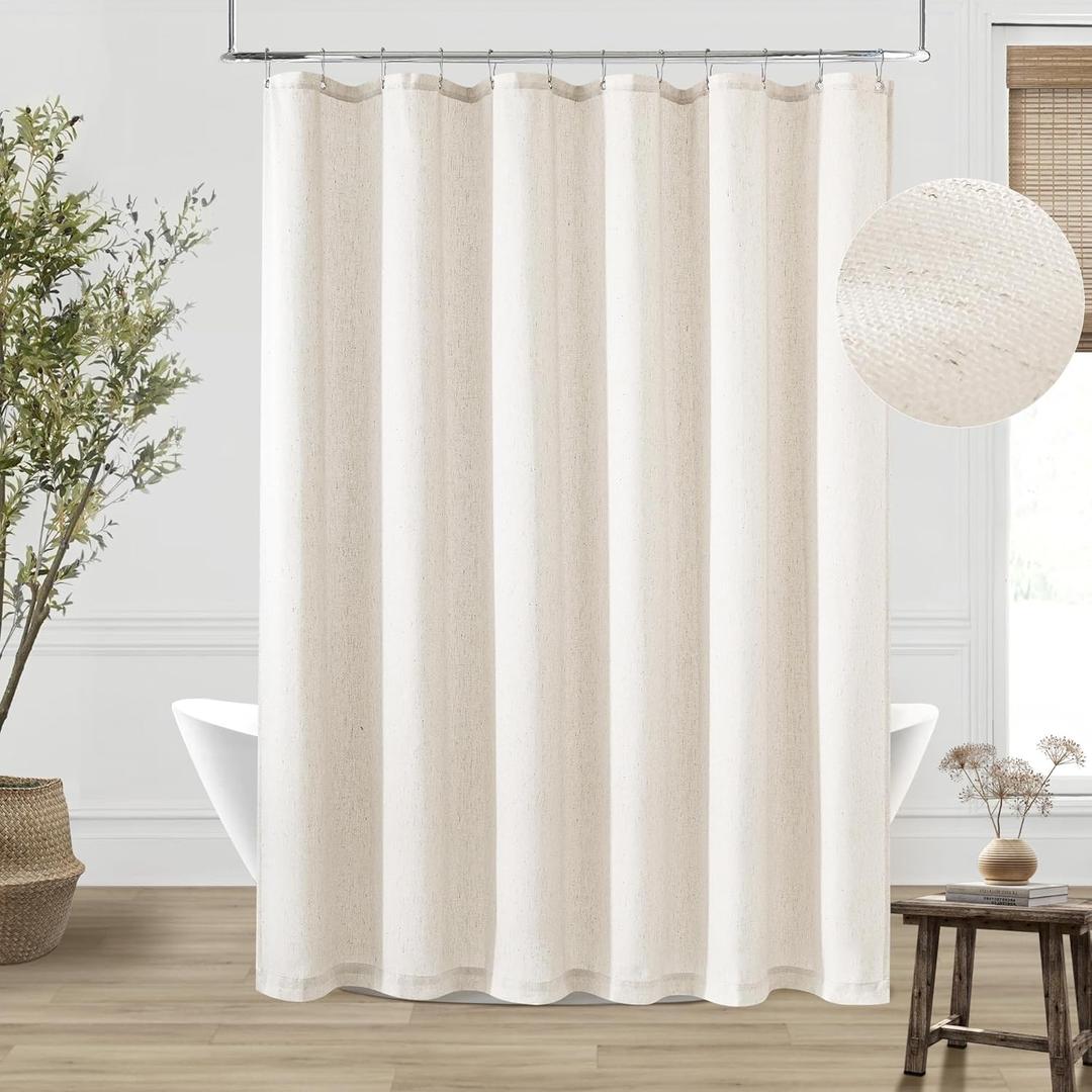 Cream Linen Shower Curtain Natural Boho Farmhouse Shower Curtains for Bathroom Neutral Aesthetic Bath Decor Sheer Cloth Water Repellent Fabric Drapes with Hooks Sets, Birch Ivory, 72x72 Inch, Warm Beige
