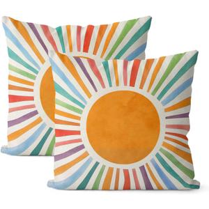 Summer Pillow Covers 16x16 Set of 2, Boho Sun Throw Pillows Stripes Yellow Blue Orange Sunshine Decorations Watercolor Rainbow Pillowcase Linen Boho Outdoor Decor Cushion Case for Home Sofa