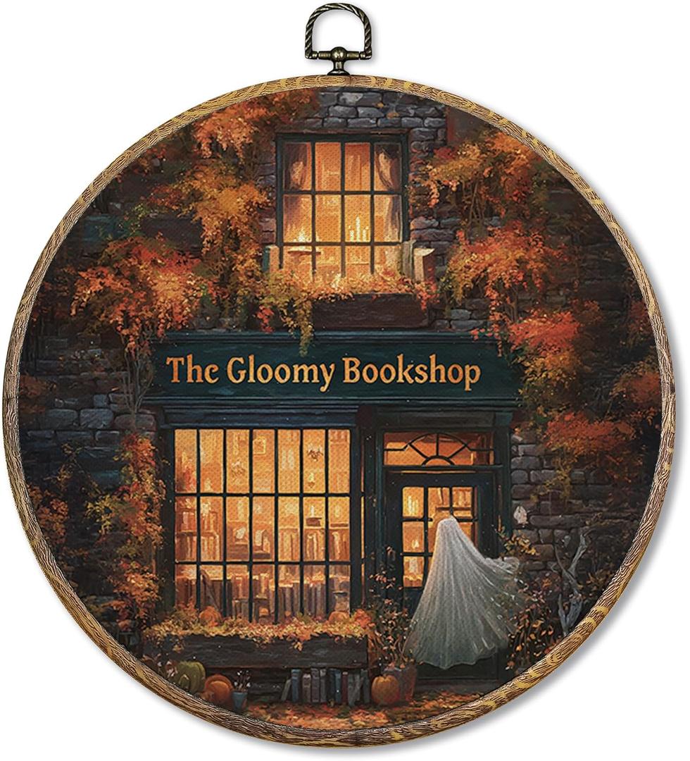 Sufamb Halloween Fall Ghost Round Wall Art Decor, Spooky Ghost Bookish Canvas Artwork Framed, Halloween Wall Hanging Prints Decorations for Bookshop Bookstore Reading Room Library Decor, 10x10 Inches
