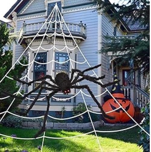 Halloween Decorations Outdoor, 200" Spider Web 60" Giant Spider with Extra Stretch Cobwebs, Halloween Outdoor Scary Decorations Yard Home Outside Parties House Dcor (Black)